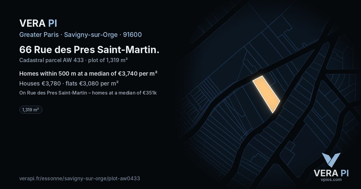 66 Rue des Pres Saint-Martin, Savigny-sur-Orge at night – the plot lit, the parcels around coloured by the prices near them