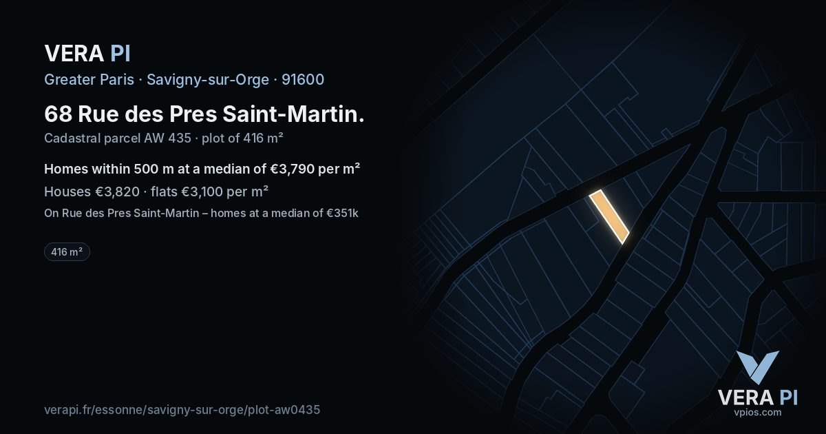 68 Rue des Pres Saint-Martin, Savigny-sur-Orge at night – the plot lit, the parcels around coloured by the prices near them