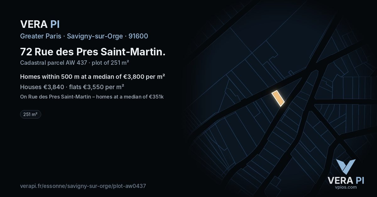 72 Rue des Pres Saint-Martin, Savigny-sur-Orge at night – the plot lit, the parcels around coloured by the prices near them
