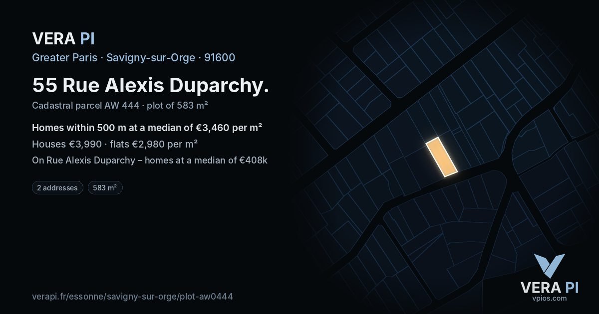 55 Rue Alexis Duparchy, Savigny-sur-Orge at night – the plot lit, the parcels around coloured by the prices near them