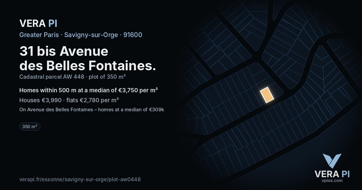 31 bis Avenue des Belles Fontaines, Savigny-sur-Orge at night – the plot lit, the parcels around coloured by the prices near them