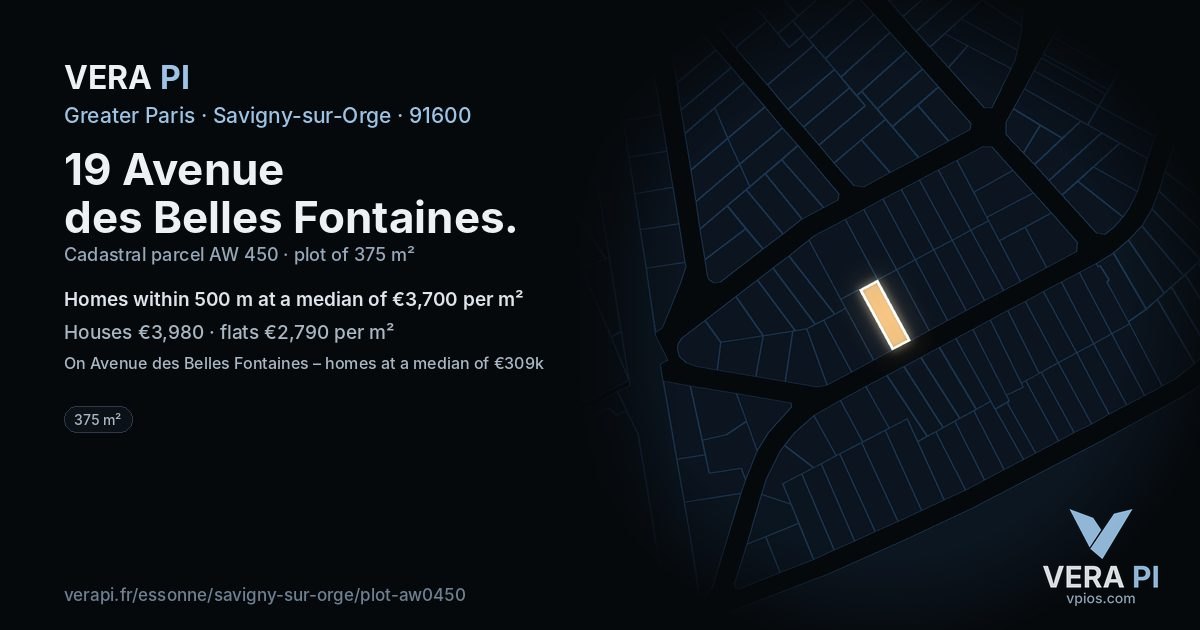 19 Avenue des Belles Fontaines, Savigny-sur-Orge at night – the plot lit, the parcels around coloured by the prices near them