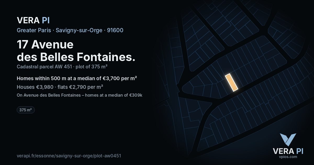 17 Avenue des Belles Fontaines, Savigny-sur-Orge at night – the plot lit, the parcels around coloured by the prices near them