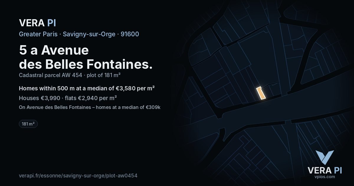 5 a Avenue des Belles Fontaines, Savigny-sur-Orge at night – the plot lit, the parcels around coloured by the prices near them