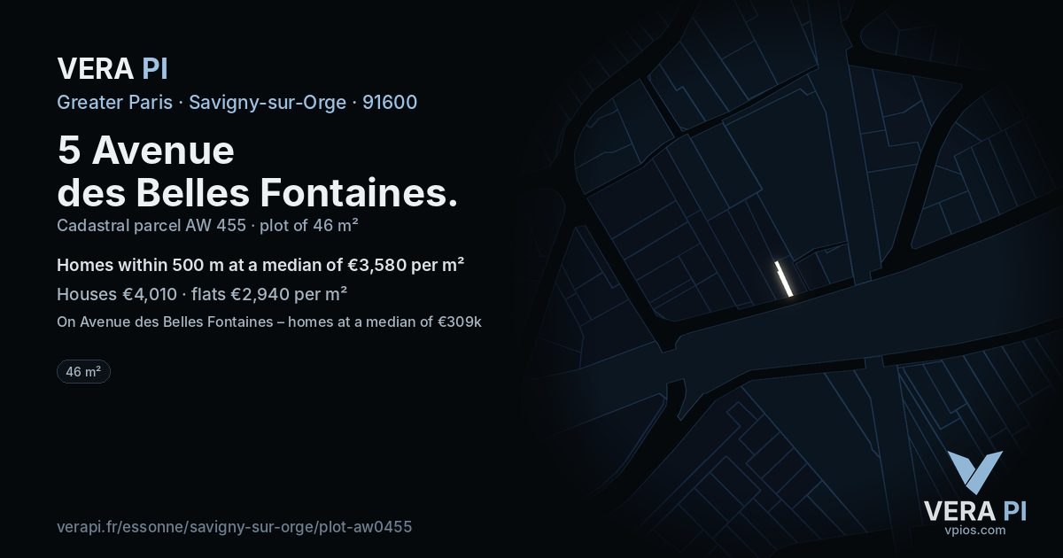 5 Avenue des Belles Fontaines, Savigny-sur-Orge at night – the plot lit, the parcels around coloured by the prices near them