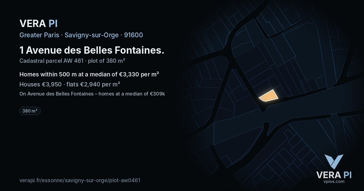 1 Avenue des Belles Fontaines, Savigny-sur-Orge at night – the plot lit, the parcels around coloured by the prices near them