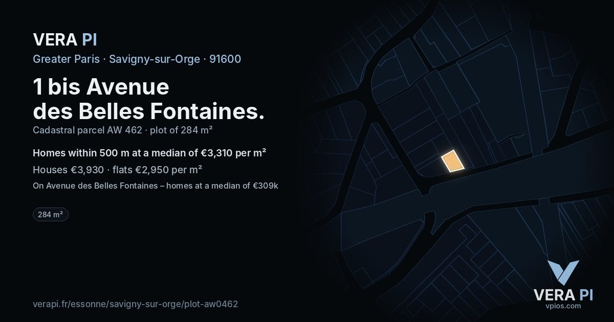 1 bis Avenue des Belles Fontaines, Savigny-sur-Orge at night – the plot lit, the parcels around coloured by the prices near them