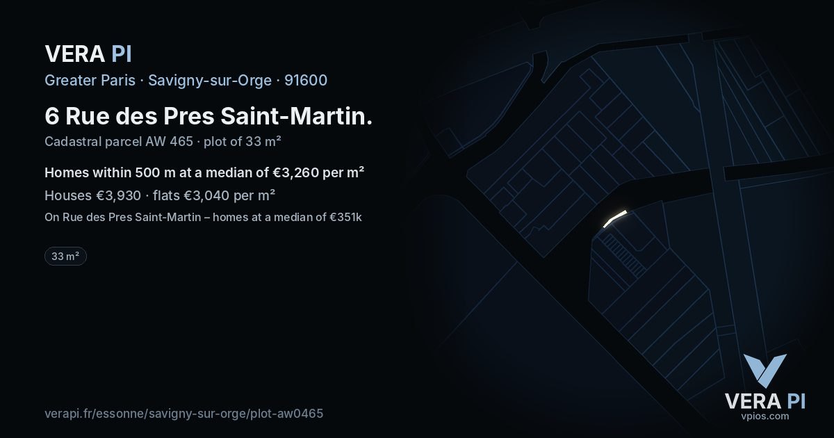 6 Rue des Pres Saint-Martin, Savigny-sur-Orge at night – the plot lit, the parcels around coloured by the prices near them