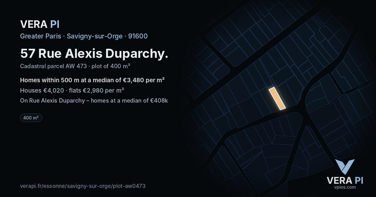 57 Rue Alexis Duparchy, Savigny-sur-Orge at night – the plot lit, the parcels around coloured by the prices near them
