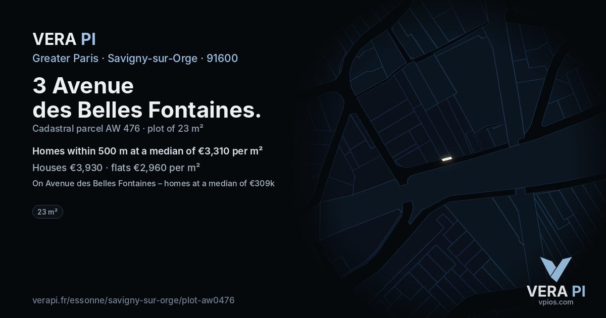 3 Avenue des Belles Fontaines, Savigny-sur-Orge at night – the plot lit, the parcels around coloured by the prices near them