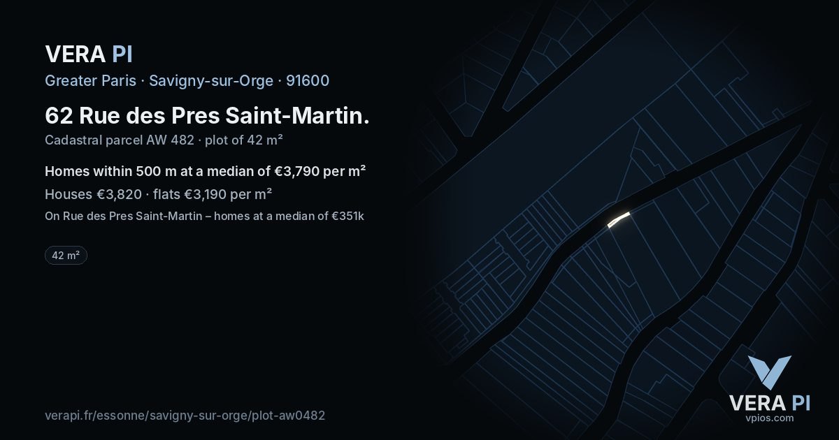 62 Rue des Pres Saint-Martin, Savigny-sur-Orge at night – the plot lit, the parcels around coloured by the prices near them