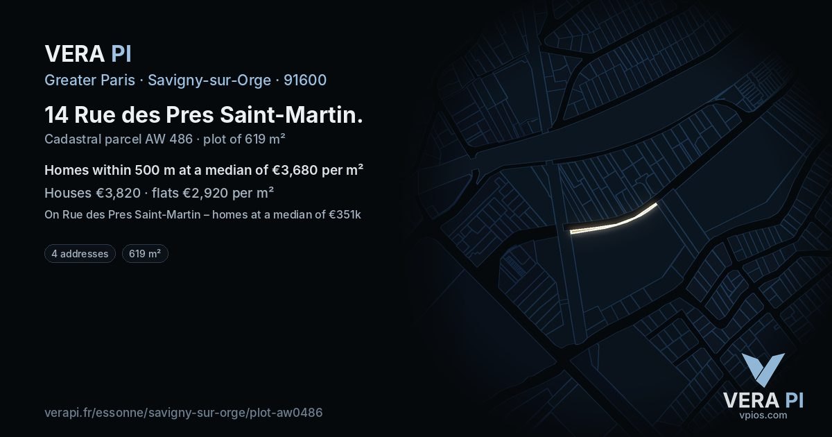 14 Rue des Pres Saint-Martin, Savigny-sur-Orge at night – the plot lit, the parcels around coloured by the prices near them