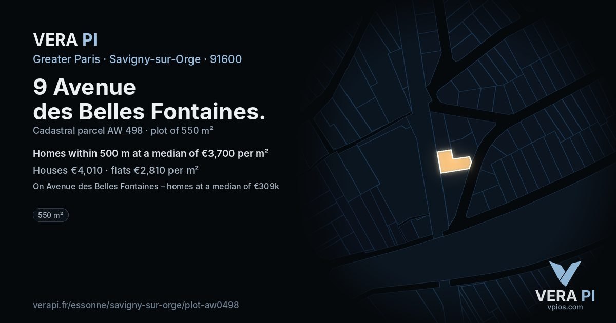 9 Avenue des Belles Fontaines, Savigny-sur-Orge at night – the plot lit, the parcels around coloured by the prices near them