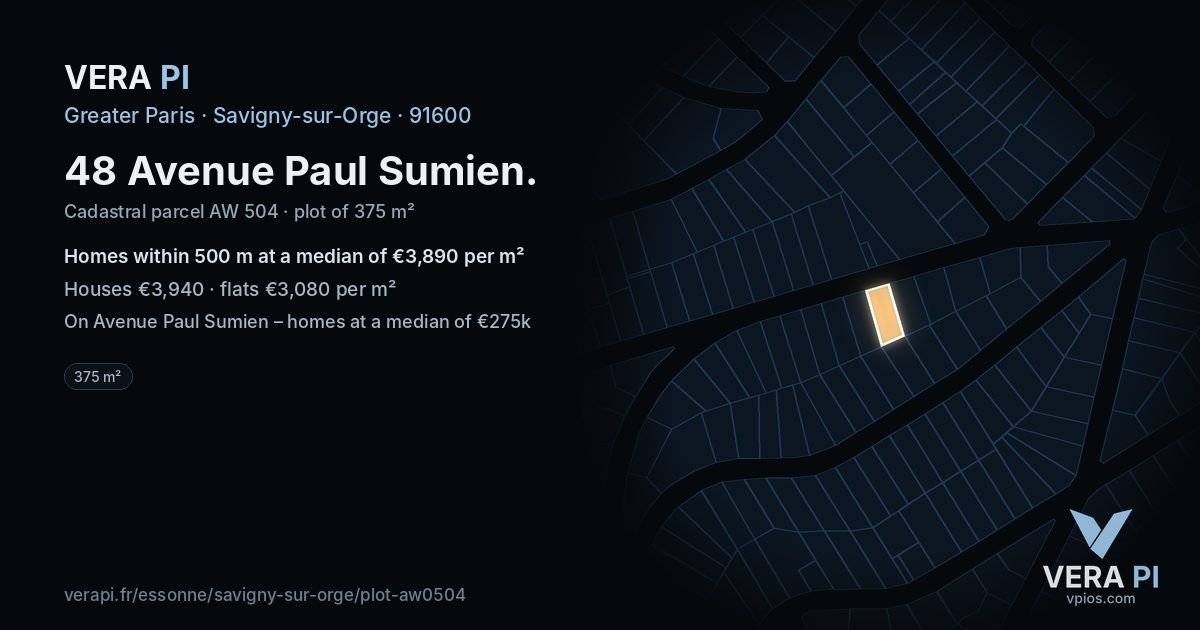 48 Avenue Paul Sumien, Savigny-sur-Orge at night – the plot lit, the parcels around coloured by the prices near them