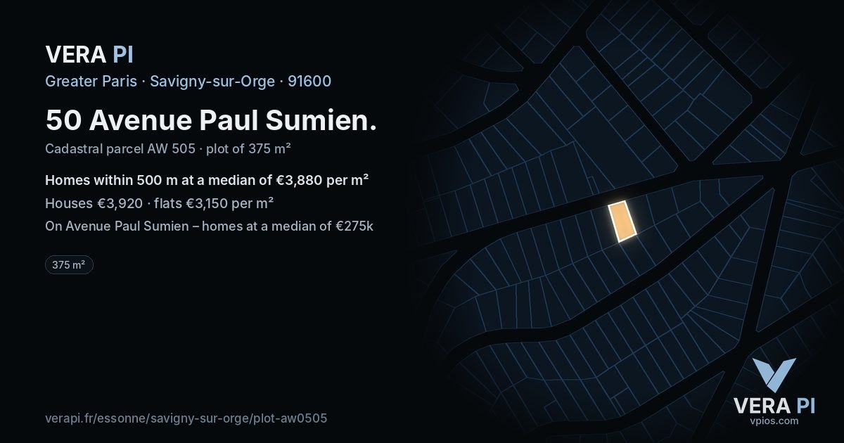 50 Avenue Paul Sumien, Savigny-sur-Orge at night – the plot lit, the parcels around coloured by the prices near them