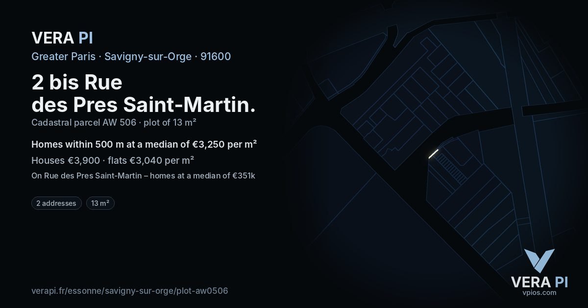 2 bis Rue des Pres Saint-Martin, Savigny-sur-Orge at night – the plot lit, the parcels around coloured by the prices near them