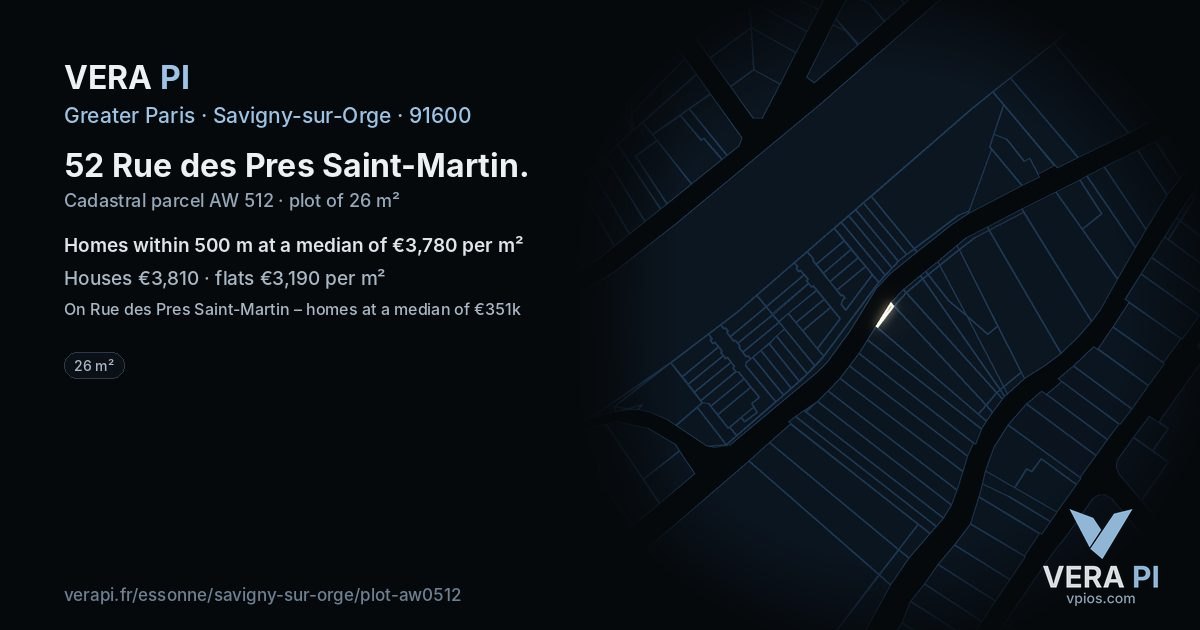 52 Rue des Pres Saint-Martin, Savigny-sur-Orge at night – the plot lit, the parcels around coloured by the prices near them