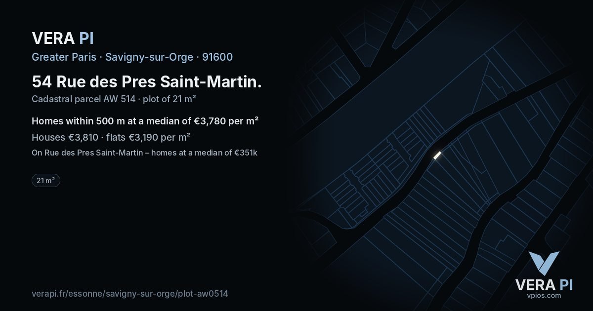 54 Rue des Pres Saint-Martin, Savigny-sur-Orge at night – the plot lit, the parcels around coloured by the prices near them
