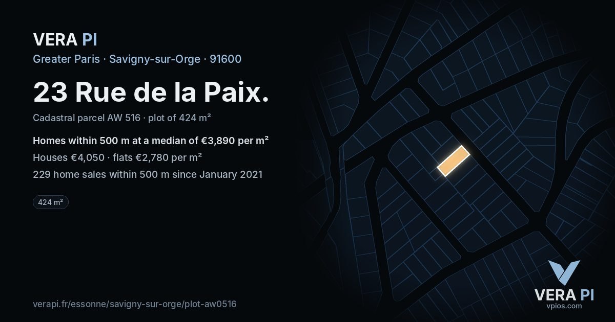 23 Rue de la Paix, Savigny-sur-Orge at night – the plot lit, the parcels around coloured by the prices near them