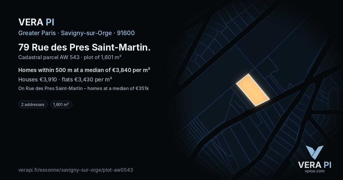 79 Rue des Pres Saint-Martin, Savigny-sur-Orge at night – the plot lit, the parcels around coloured by the prices near them