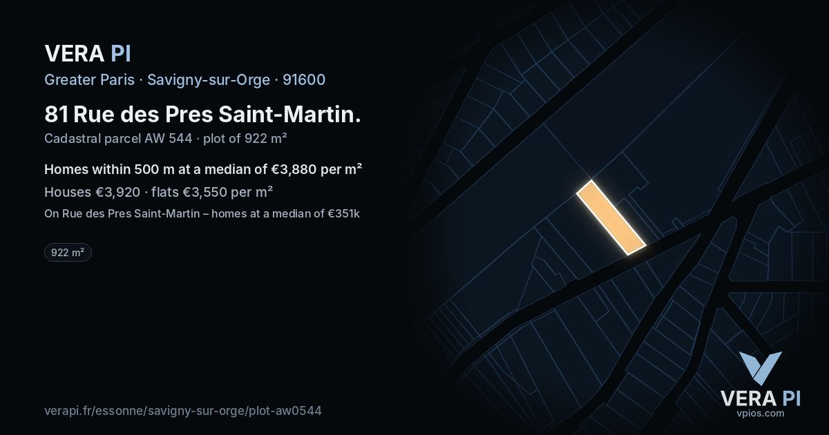 81 Rue des Pres Saint-Martin, Savigny-sur-Orge at night – the plot lit, the parcels around coloured by the prices near them
