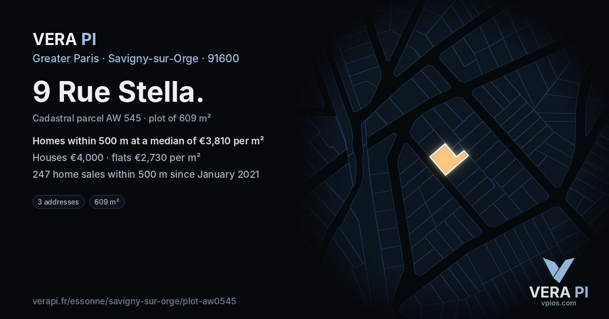 9 Rue Stella, Savigny-sur-Orge at night – the plot lit, the parcels around coloured by the prices near them