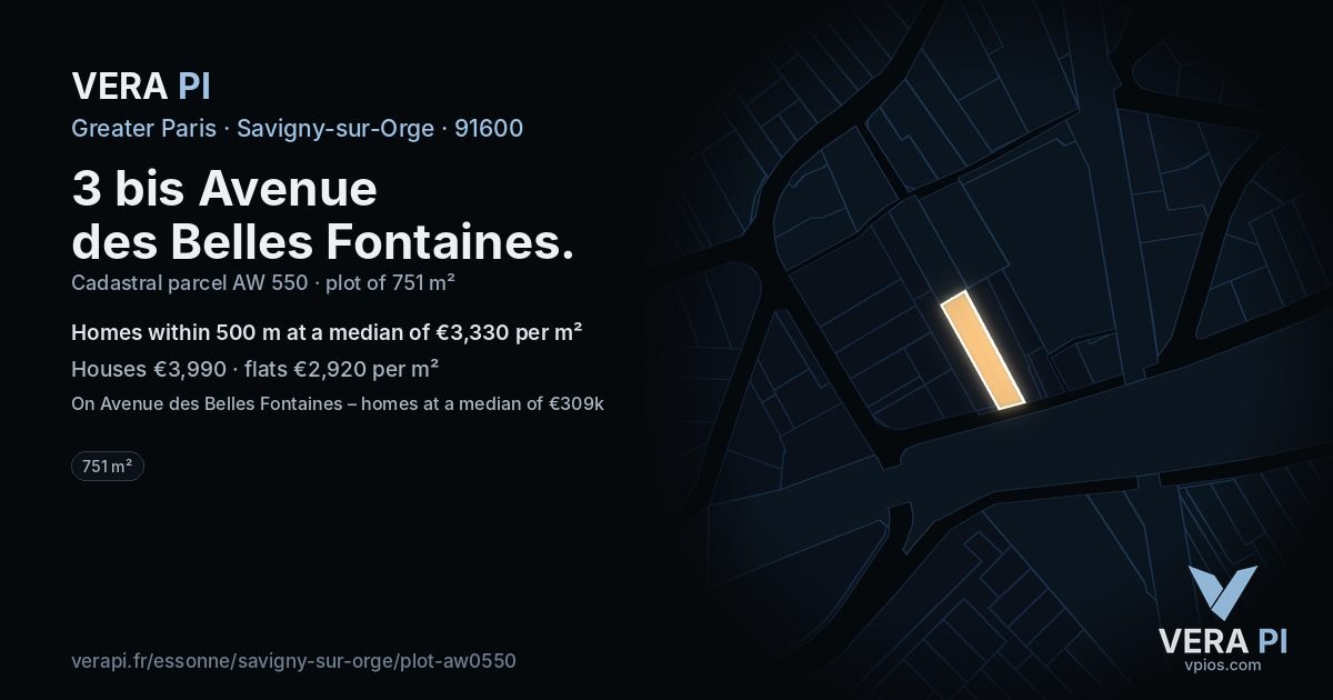 3 bis Avenue des Belles Fontaines, Savigny-sur-Orge at night – the plot lit, the parcels around coloured by the prices near them