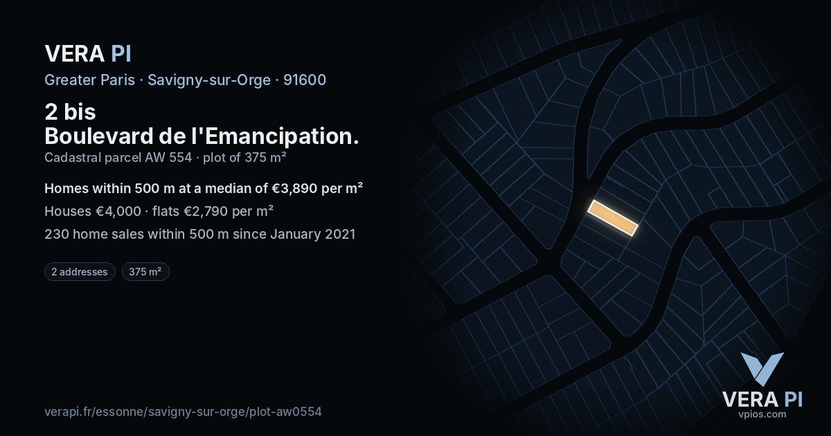 2 bis Boulevard de l'Emancipation, Savigny-sur-Orge at night – the plot lit, the parcels around coloured by the prices near them