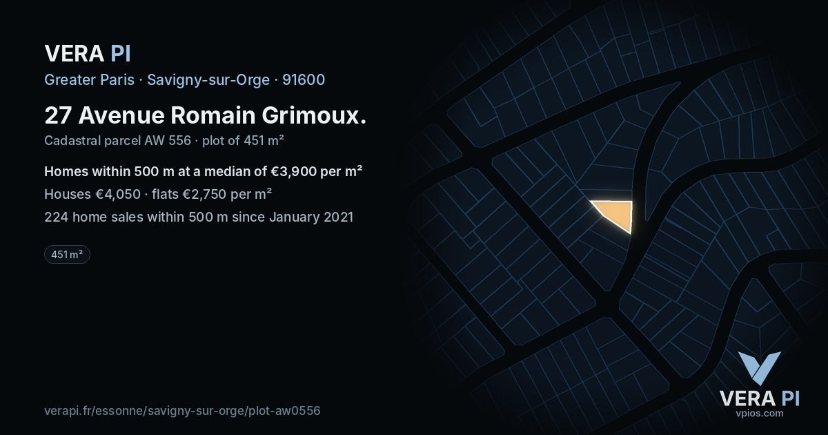 27 Avenue Romain Grimoux, Savigny-sur-Orge at night – the plot lit, the parcels around coloured by the prices near them