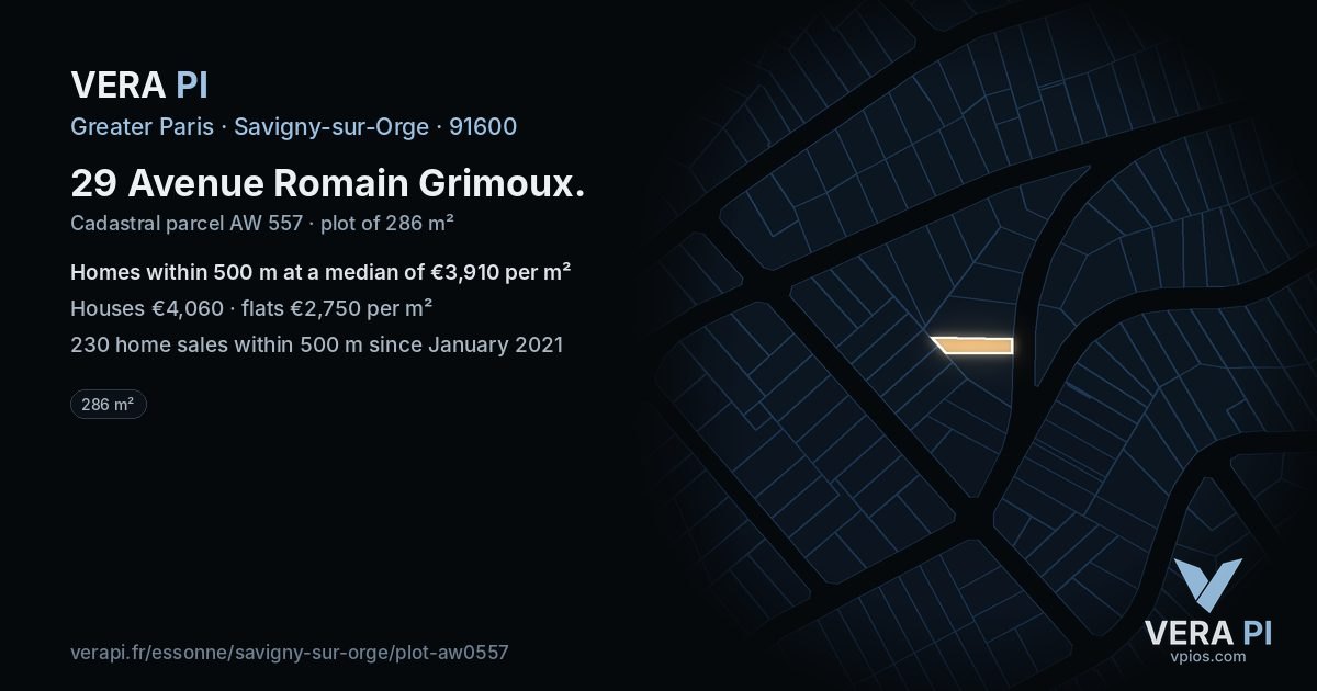 29 Avenue Romain Grimoux, Savigny-sur-Orge at night – the plot lit, the parcels around coloured by the prices near them