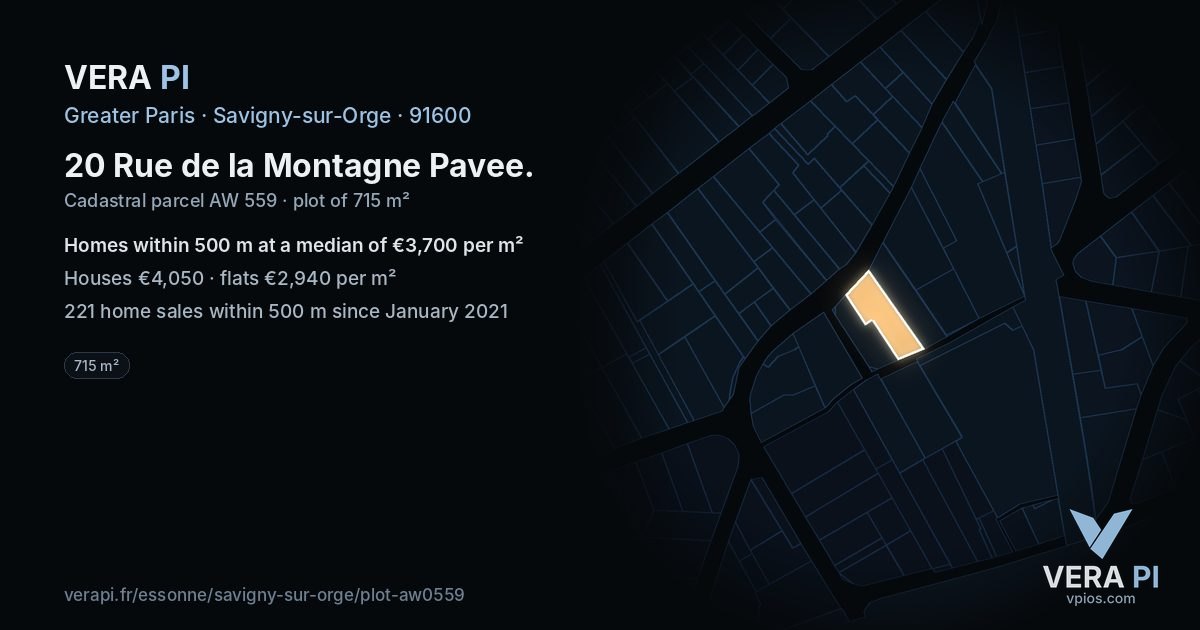 20 Rue de la Montagne Pavee, Savigny-sur-Orge at night – the plot lit, the parcels around coloured by the prices near them