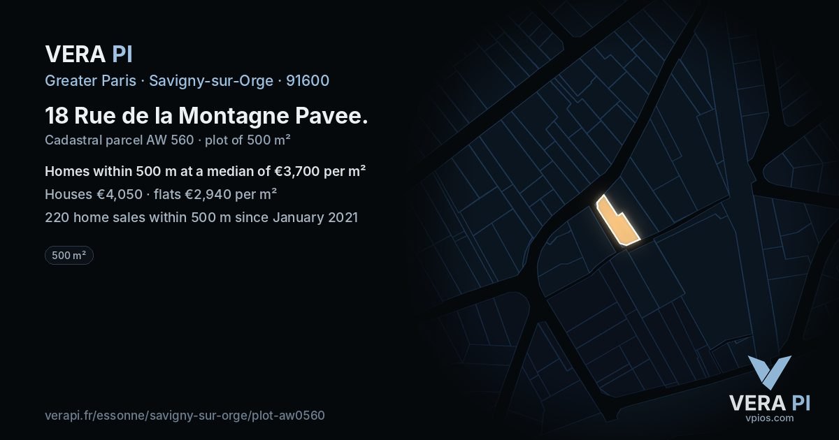 18 Rue de la Montagne Pavee, Savigny-sur-Orge at night – the plot lit, the parcels around coloured by the prices near them