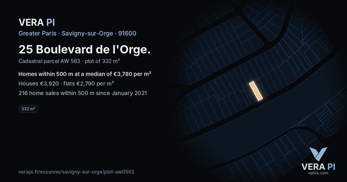 25 Boulevard de l'Orge, Savigny-sur-Orge at night – the plot lit, the parcels around coloured by the prices near them