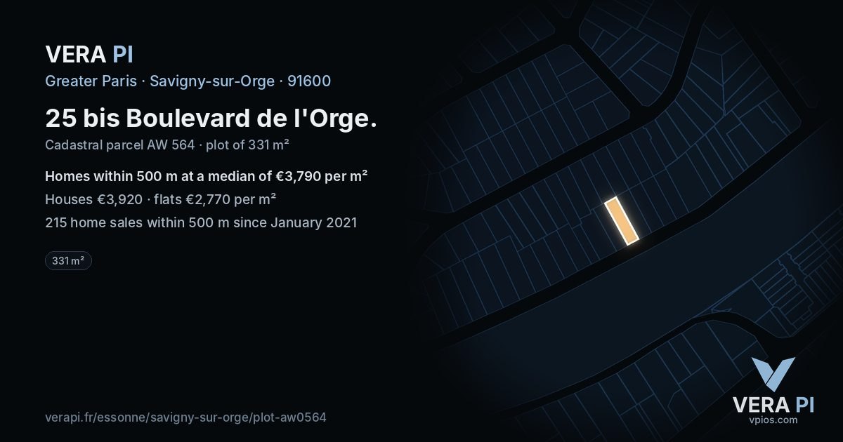 25 bis Boulevard de l'Orge, Savigny-sur-Orge at night – the plot lit, the parcels around coloured by the prices near them