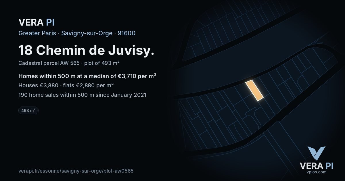 18 Chemin de Juvisy, Savigny-sur-Orge at night – the plot lit, the parcels around coloured by the prices near them