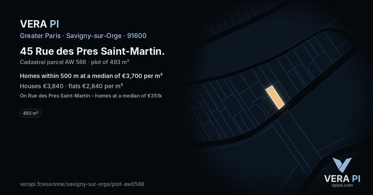 45 Rue des Pres Saint-Martin, Savigny-sur-Orge at night – the plot lit, the parcels around coloured by the prices near them