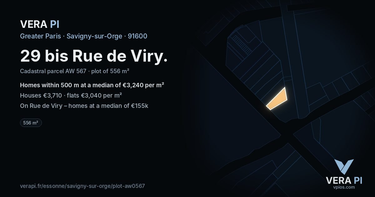 29 bis Rue de Viry, Savigny-sur-Orge at night – the plot lit, the parcels around coloured by the prices near them