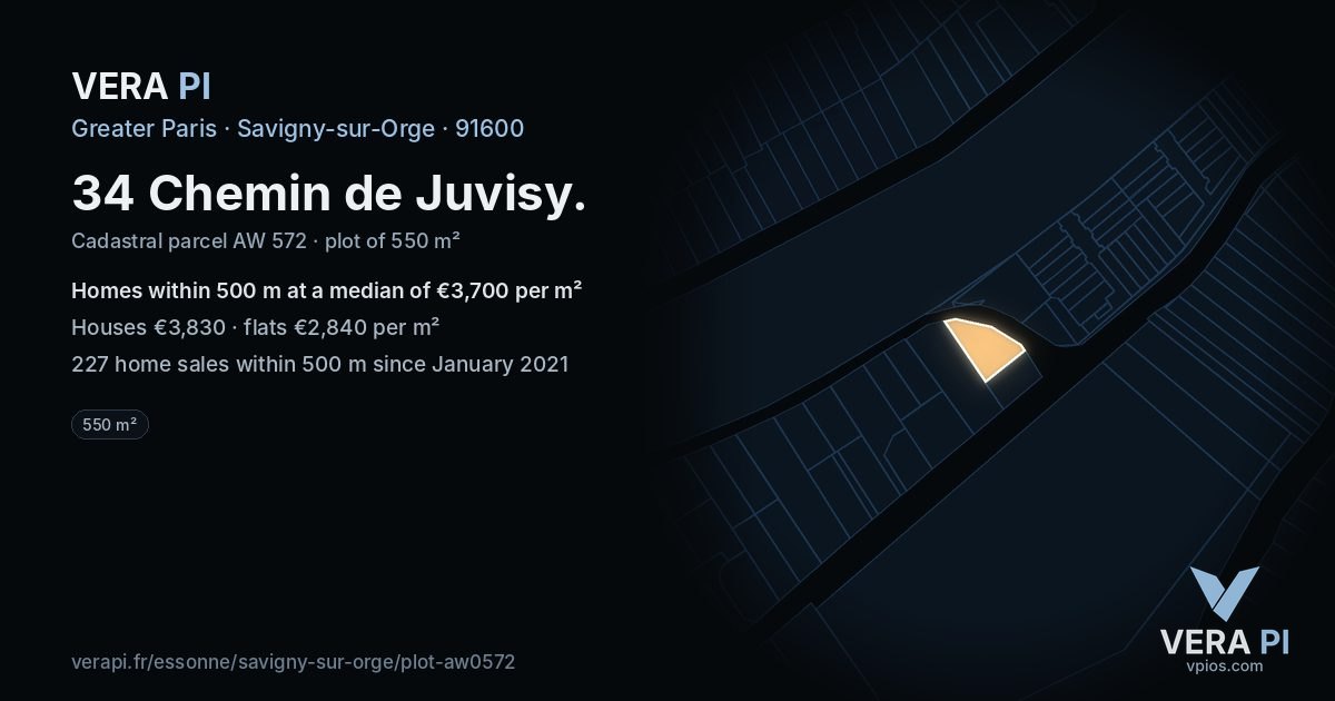 34 Chemin de Juvisy, Savigny-sur-Orge at night – the plot lit, the parcels around coloured by the prices near them
