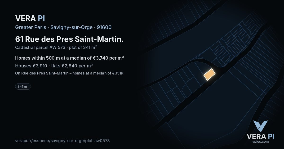 61 Rue des Pres Saint-Martin, Savigny-sur-Orge at night – the plot lit, the parcels around coloured by the prices near them