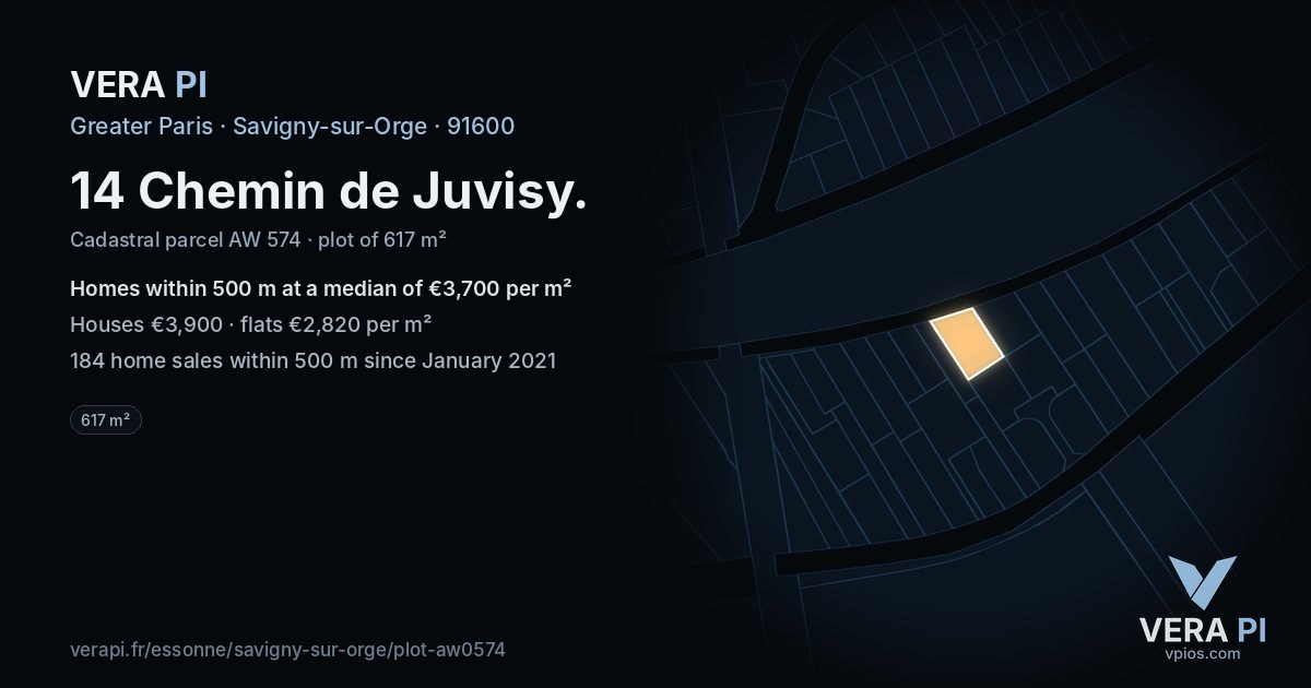 14 Chemin de Juvisy, Savigny-sur-Orge at night – the plot lit, the parcels around coloured by the prices near them