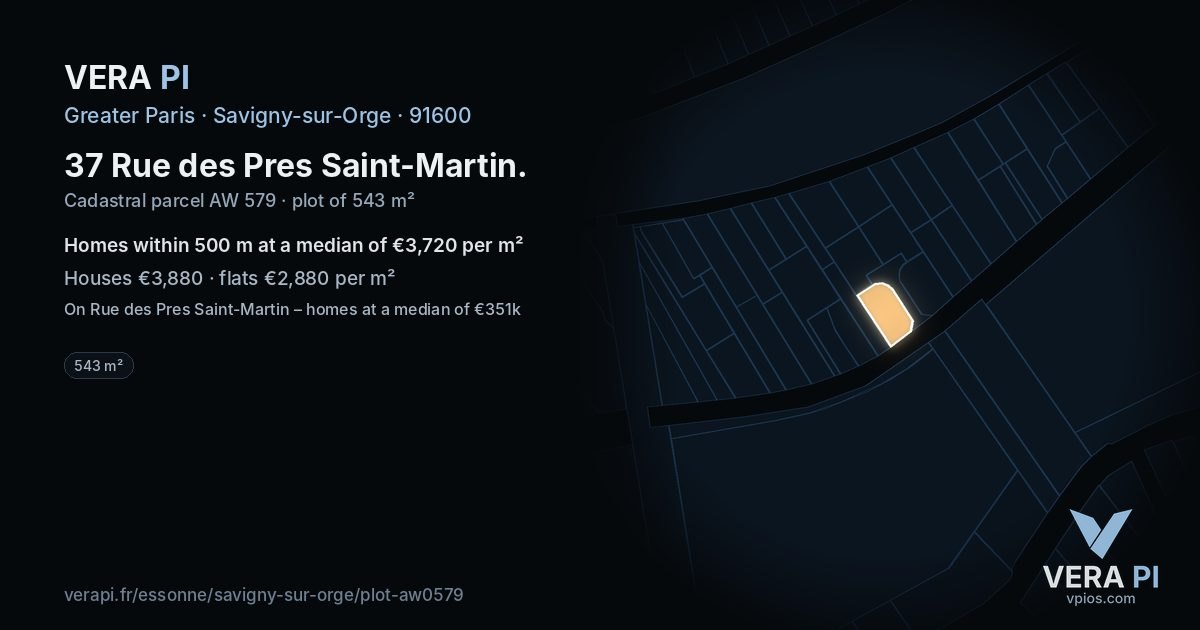 37 Rue des Pres Saint-Martin, Savigny-sur-Orge at night – the plot lit, the parcels around coloured by the prices near them
