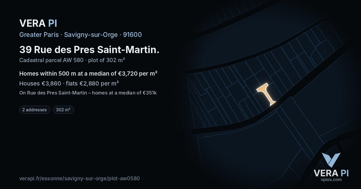 39 Rue des Pres Saint-Martin, Savigny-sur-Orge at night – the plot lit, the parcels around coloured by the prices near them