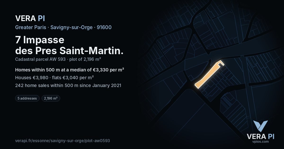 7 Impasse des Pres Saint-Martin, Savigny-sur-Orge at night – the plot lit, the parcels around coloured by the prices near them