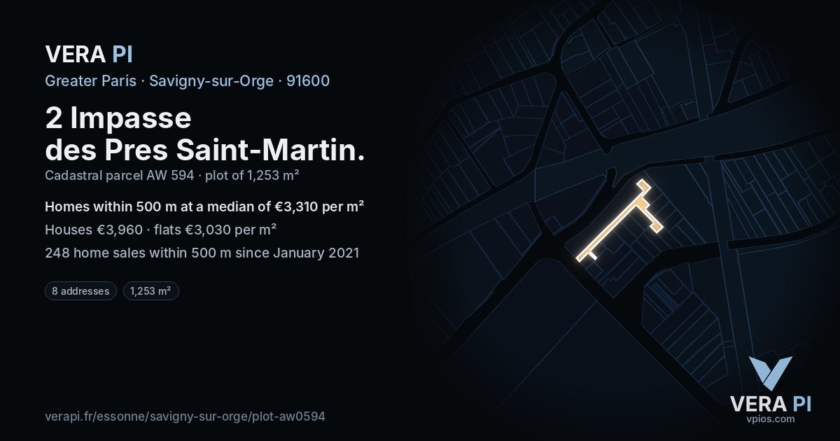 2 Impasse des Pres Saint-Martin, Savigny-sur-Orge at night – the plot lit, the parcels around coloured by the prices near them