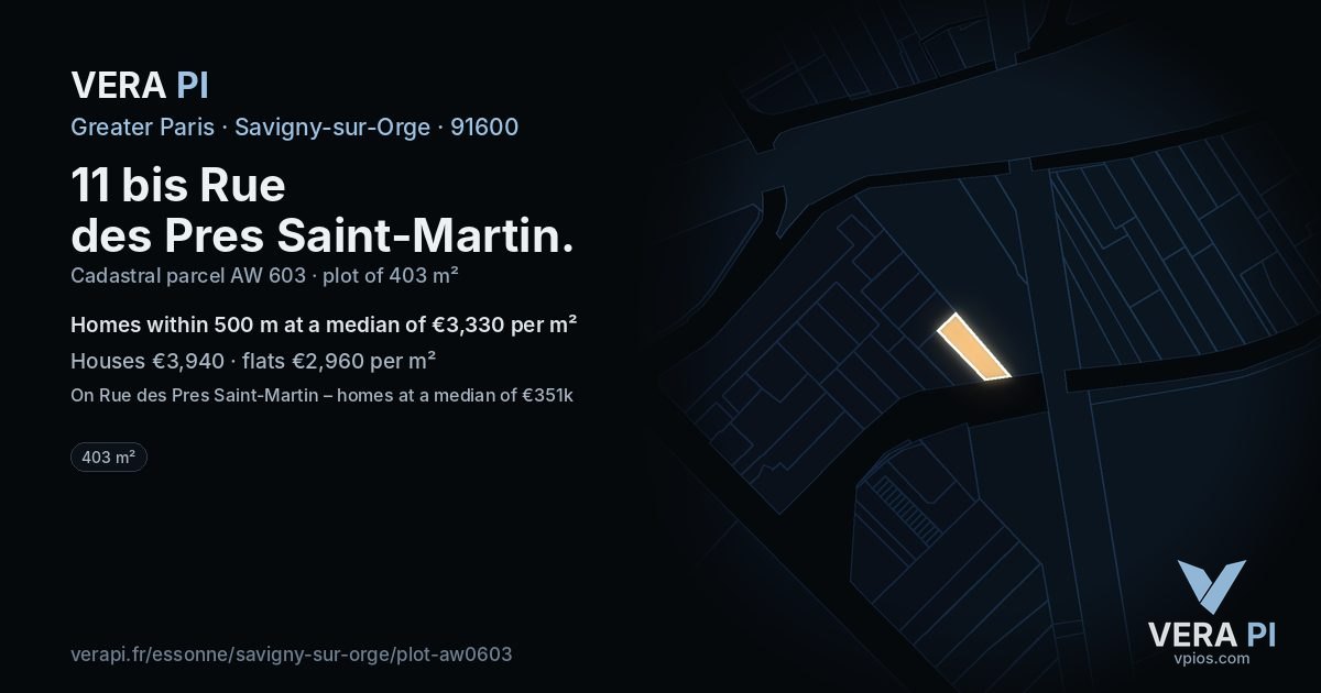 11 bis Rue des Pres Saint-Martin, Savigny-sur-Orge at night – the plot lit, the parcels around coloured by the prices near them