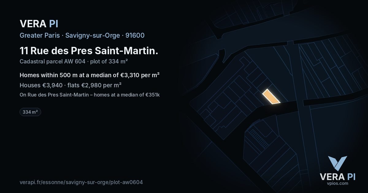 11 Rue des Pres Saint-Martin, Savigny-sur-Orge at night – the plot lit, the parcels around coloured by the prices near them