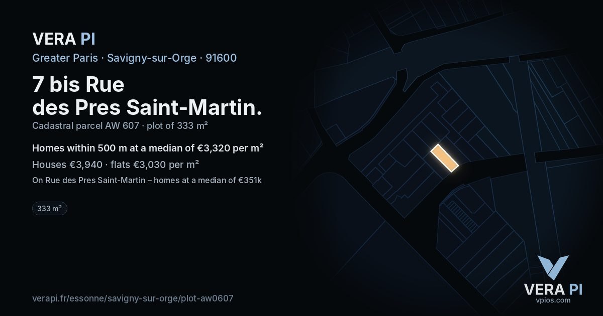 7 bis Rue des Pres Saint-Martin, Savigny-sur-Orge at night – the plot lit, the parcels around coloured by the prices near them
