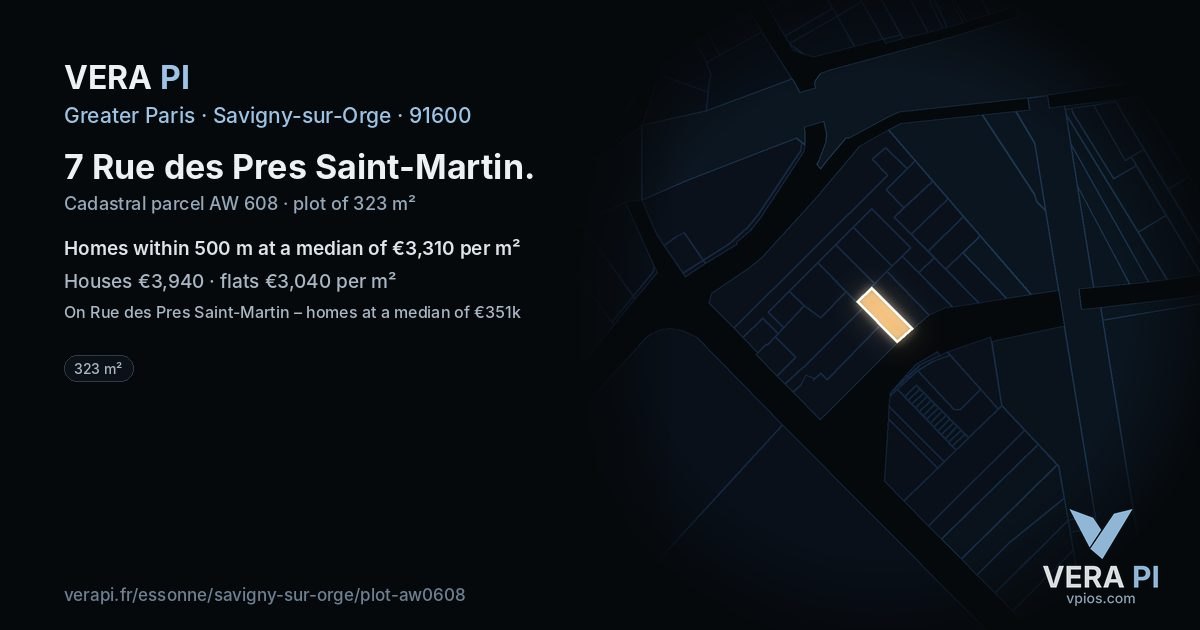 7 Rue des Pres Saint-Martin, Savigny-sur-Orge at night – the plot lit, the parcels around coloured by the prices near them