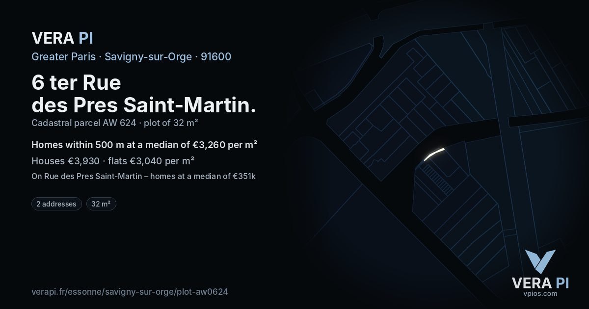 6 ter Rue des Pres Saint-Martin, Savigny-sur-Orge at night – the plot lit, the parcels around coloured by the prices near them