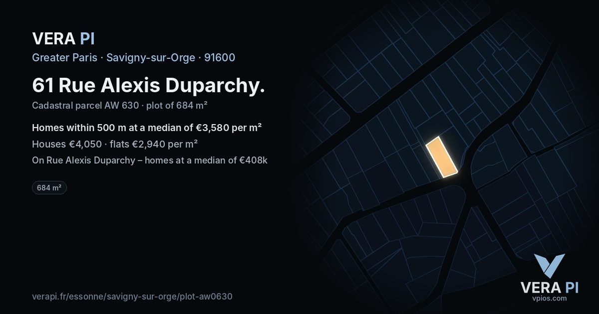 61 Rue Alexis Duparchy, Savigny-sur-Orge at night – the plot lit, the parcels around coloured by the prices near them